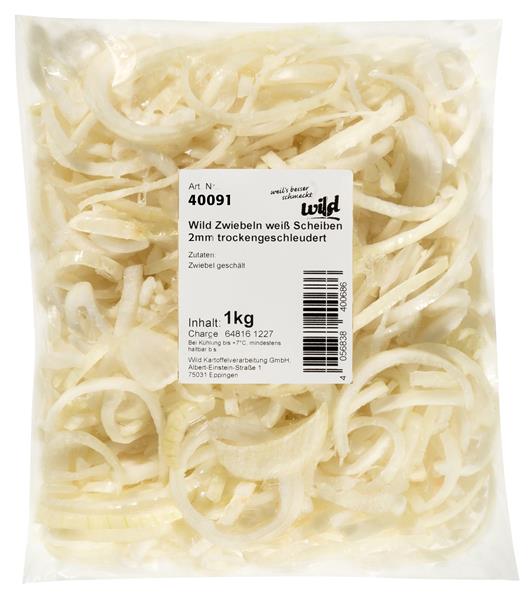Weiße Zwiebeln, 2mm Scheiben, trockengeschleudert, 1 kg Beutel